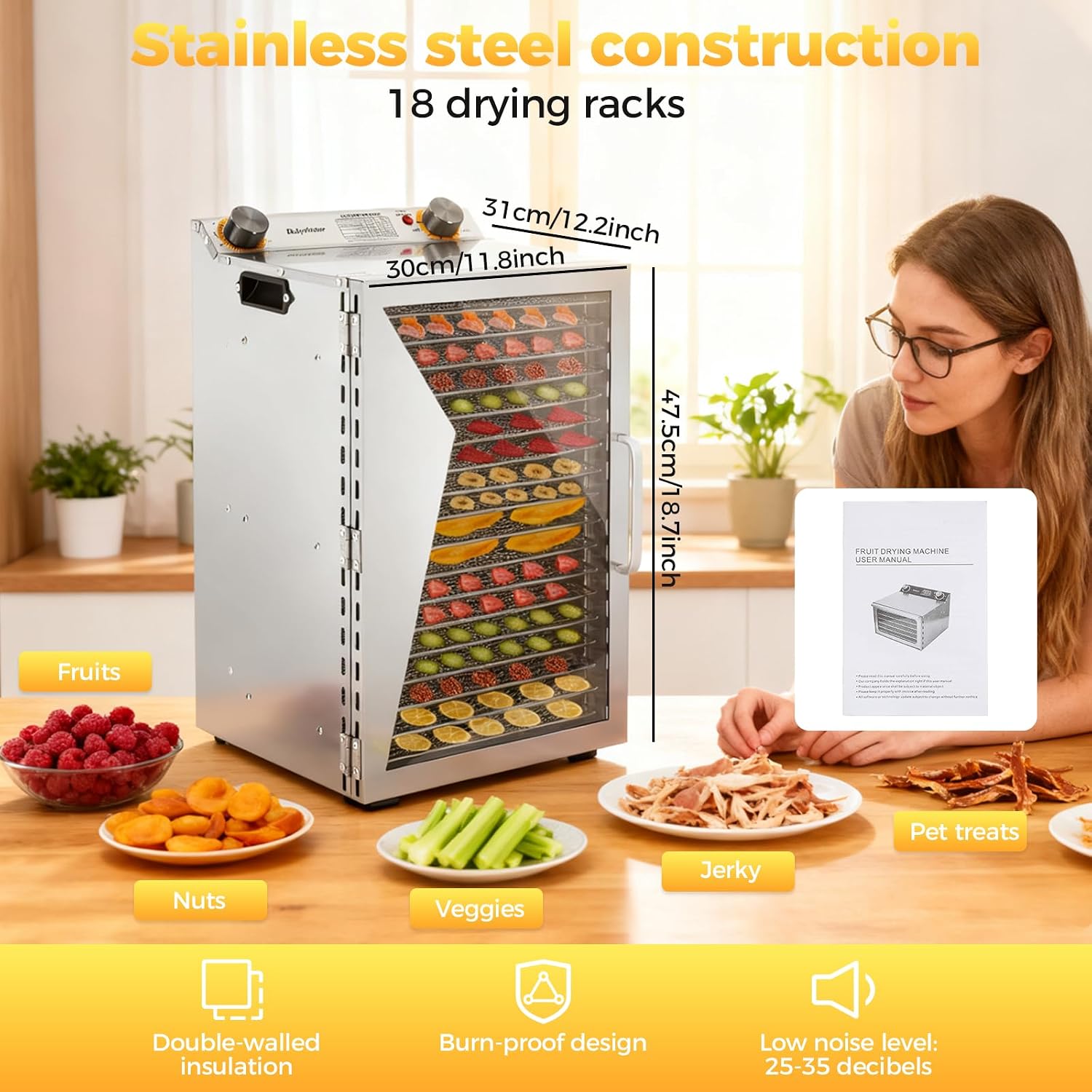 Dryer Dehydrator Food Dehydrator 18 Stainless Steel Trays, Food Dryer for Fruit, Meat, Beef, Jerky, Herbs and Pet Treats, with Adjustable Timer and Temperature Control