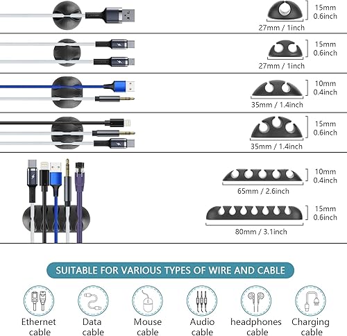 Miniatura 3 de Pasow Kit organizador de cables - Organizador de 4 cables con 36 clips autoadhesivos, 10 unidades y 2 rollos de correas de organización de cables,