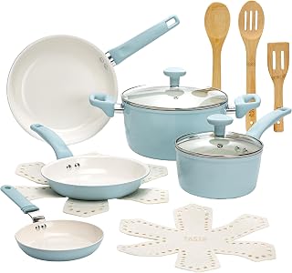 Tasty Ceramic Pots and Pans Set, Healthy Nonstick Cookware Set, Soft Touch Stay Cool Handles, Made without PFAS, PFOA, PFOS and PTFE, Even Heating, Dishwasher Safe, 12-Piece, Aqua