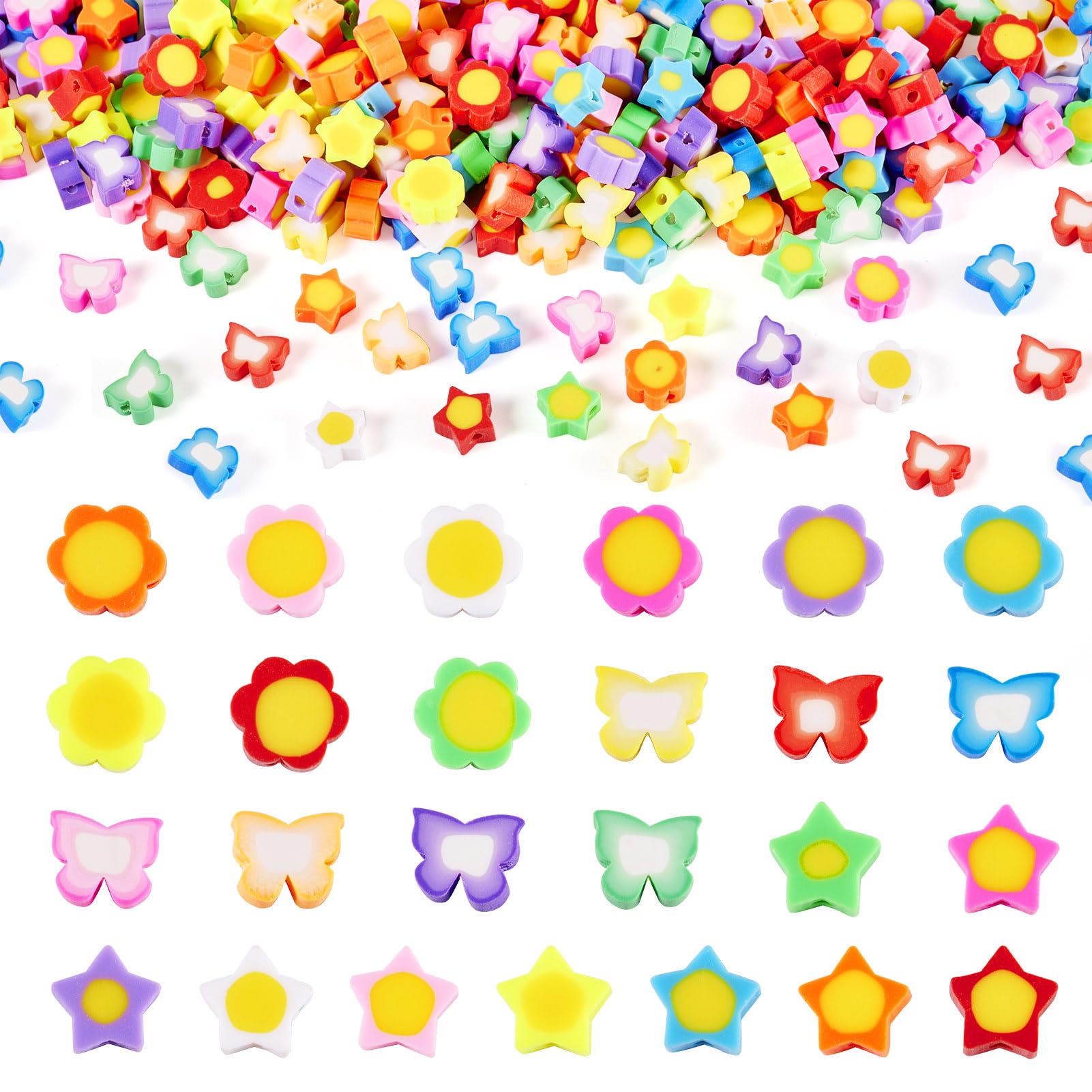 Boutigem 80G Flower Butterfly Star Shape Clay Beads Bulk Colorful Handmade Polymer Clay Beads for DIY Summer Beach Friendship Bracelet Necklace Jewelry Making