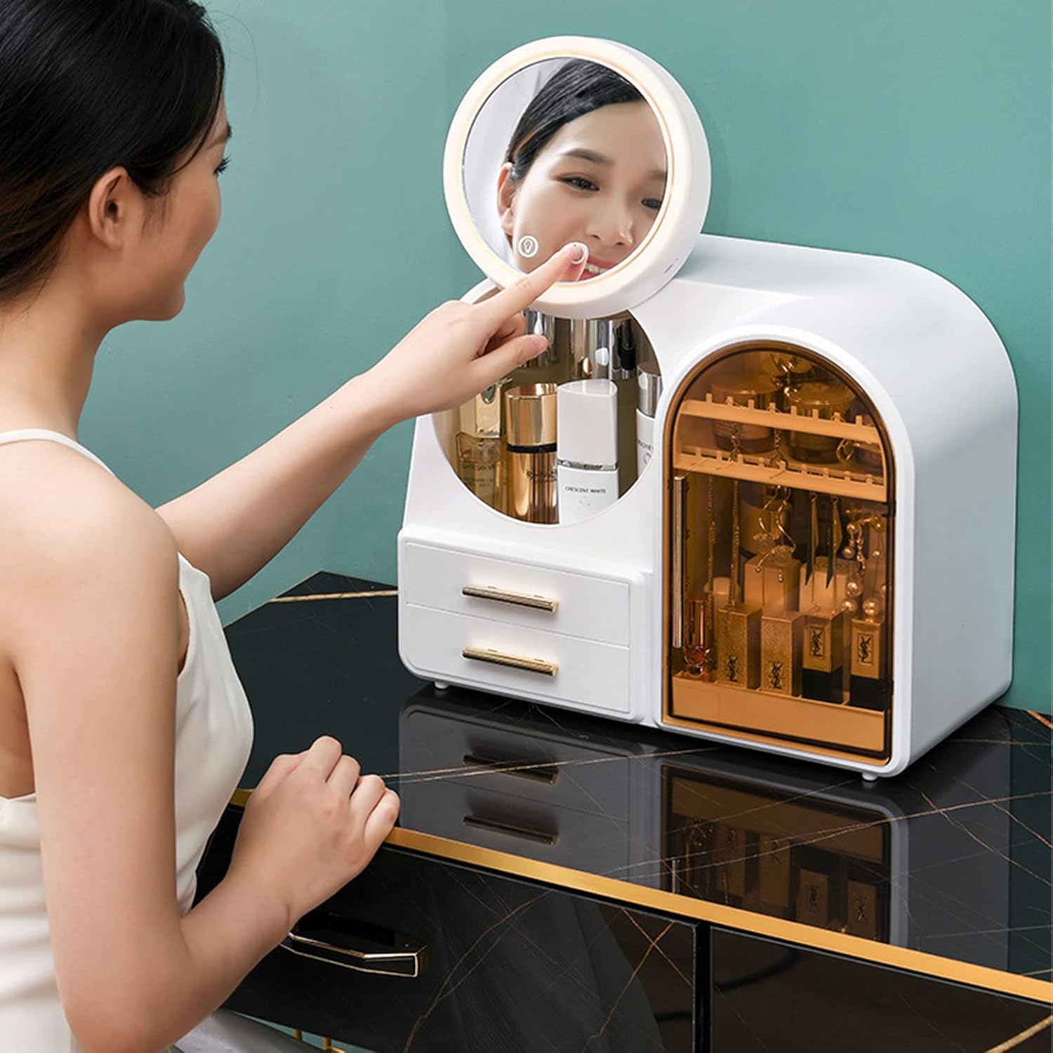 Makeup Box Cosmetic Storage Box with Mirror Led Light, Desktop Makeup Jewelry Beauty Case Makeup Train Case Dust-Proof Drawer Makeup Organizer Jewelry Organizer for Women