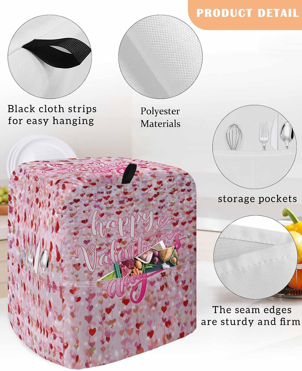 Valentine's Day Stand Mixer Cover with Storage Pocket, Waterproof Kitchen Mixer Covers, Pink Love Heart Glitter Romantic Kitchen Appliance Dust Cover Compatible with 5-8 Quart Mixers