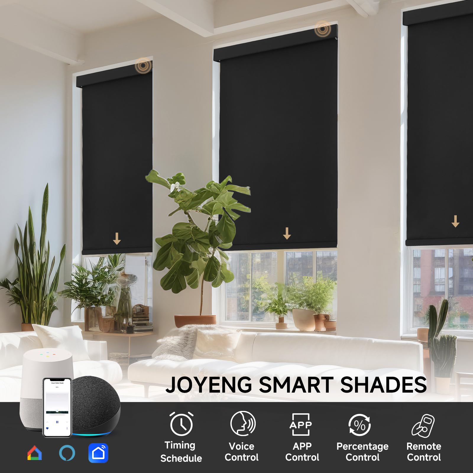 JOYENG Motorized Blinds, Blackout Smart Blinds for Windows Motorized Blackout Shades with Remote, Automatic Window Shades Compatible with Alexa Electric Roller Shades Custom Size (Luxury Black)