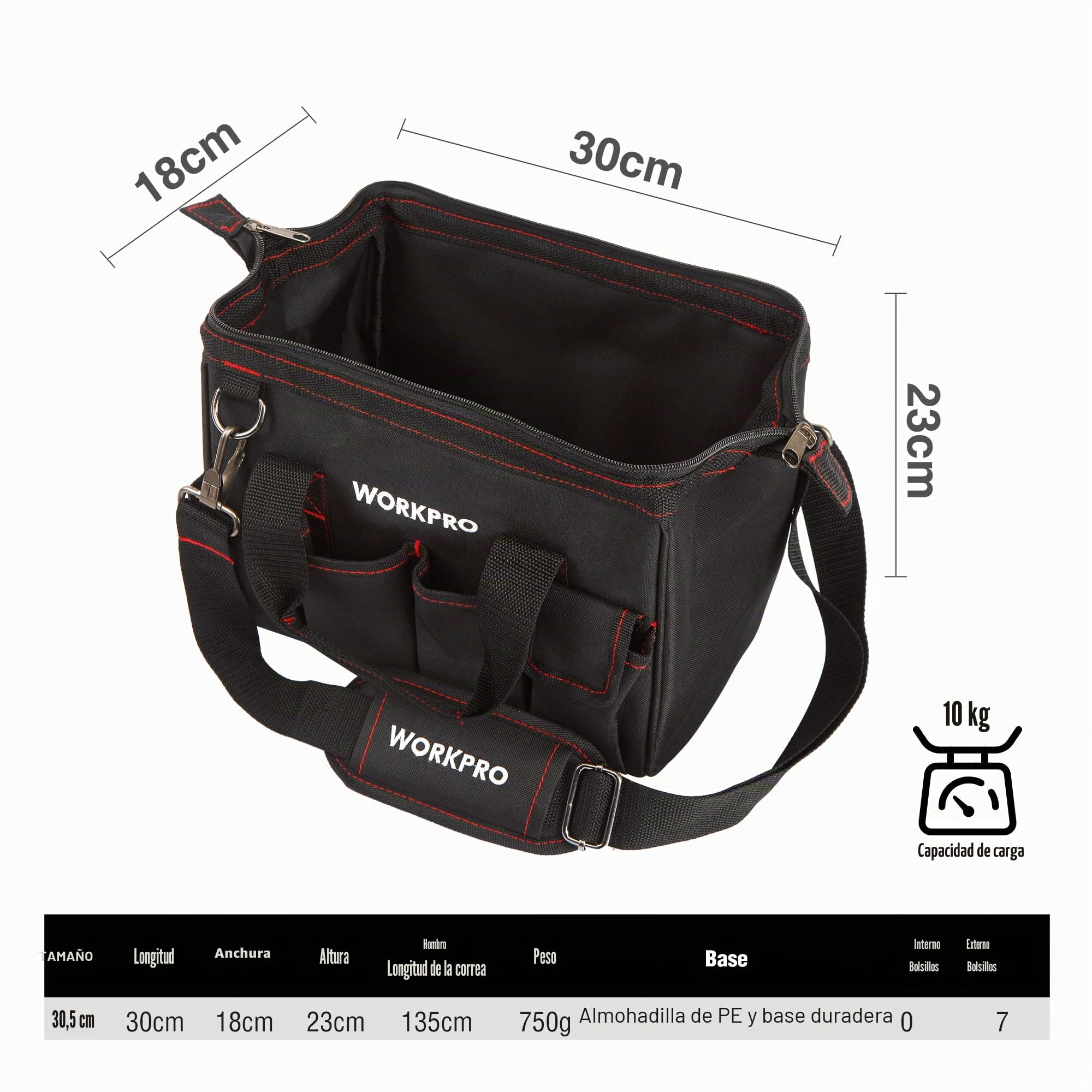 WORKPRO Bolsa de Herramientas 30 x 18 x 20 cm, Bolsa de Transportse Universal, 7 Bolsillos Exteriores, Amplia Apertura de Cremallera, Correa de Hombro Ajustable, para Almacenamiento de Herramientas