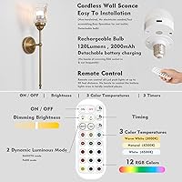 Vista 6 de HEQIQEH Juego de 2 apliques de pared recargables vintage con pantalla de vidrio transparente con flecos, regulables, sin cables, con control remoto