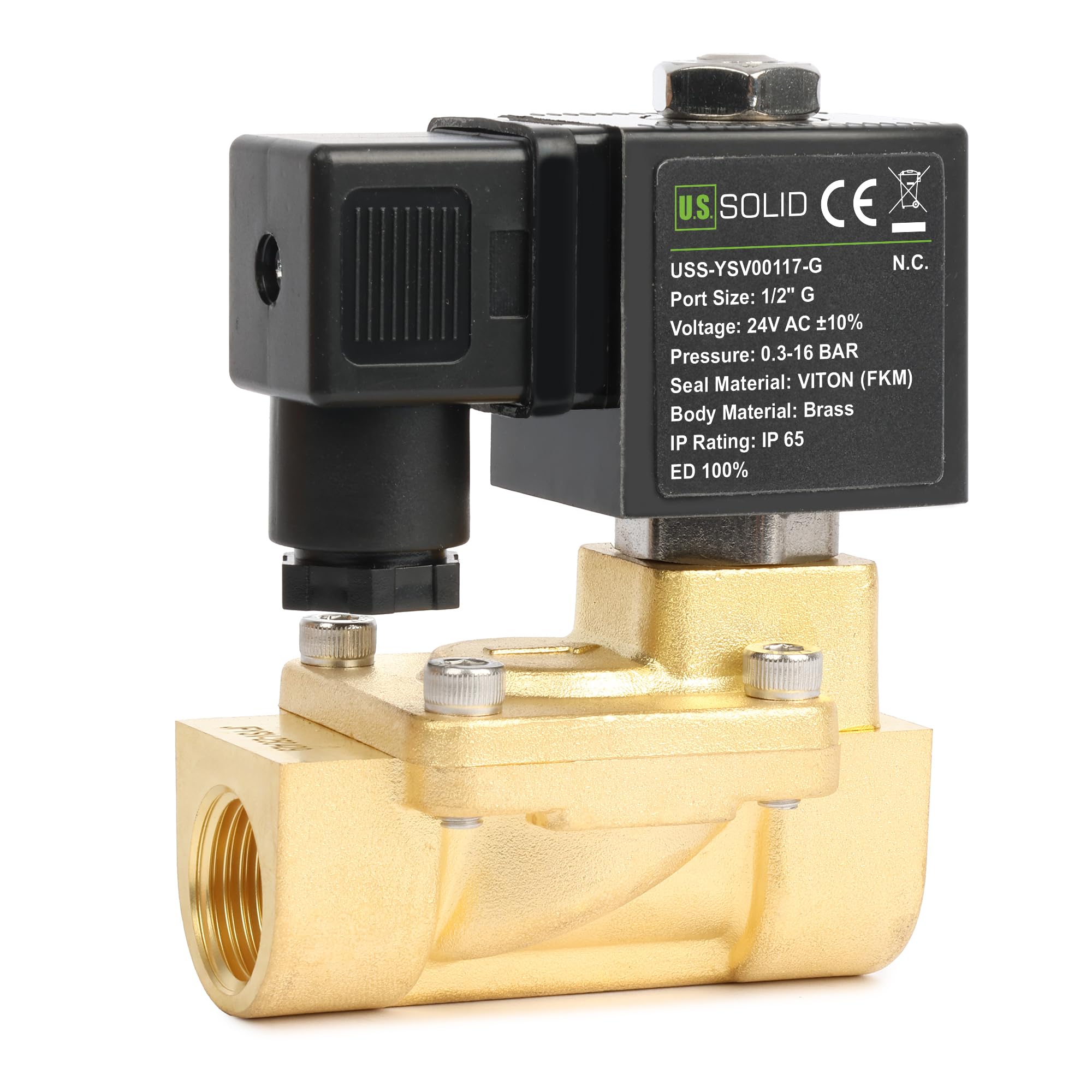 U.S. Solid Válvula solenoide de latón de 1,27 cm, 24 V CA, 0,3-16 bar, normalmente cerrada, sello Viton, rosca G, operada por piloto