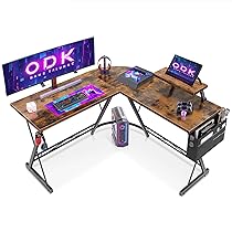 ODK Scrivania Gaming, Scrivania Computer 127x127cm con Supporto Monitor, Scrivania ad Angolo con Porta Cuffie per Gamer, Marrone