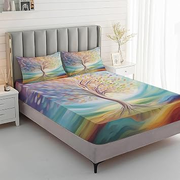 Tree of Life Sheets Queen Size, Colorful Bed Sheets & Pillowcases 4 Piece Set, Deep Pocket Fitted Sheet & Flat Sheet & Pillowcase, Soft Wrinkle Free Decorative Bedding