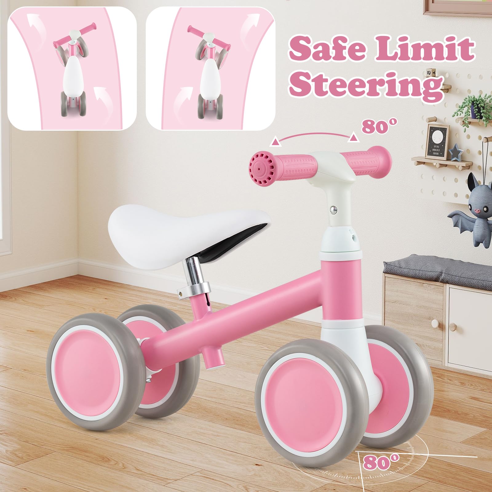 SOARS Bicicletta Senza Pedali Bambini 1-3 Anni, Balance Bike con Seduta Regolabile 26,5-31,5 CM, 2 Ruote EVA Antiscivolo, Volante Sterzo Limitato a 80°, Carico 25 KG, Regalo Bambina