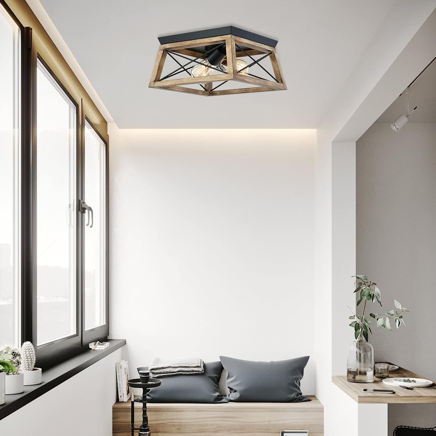 9MMML Wood Flush Mount Ceiling Light - 12'' Farmhouse 2-Light Ceiling Light Fixture for Living Room Dining Room Bedroom Entryway Kitchen Hallway, E26 Base (MA5011C2WDBK)