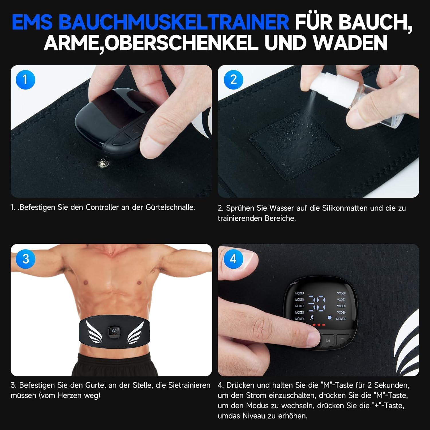 EMS Bauchmuskeltrainer, 10 Modi, 30 Stufen, LED, USB-aufladbar