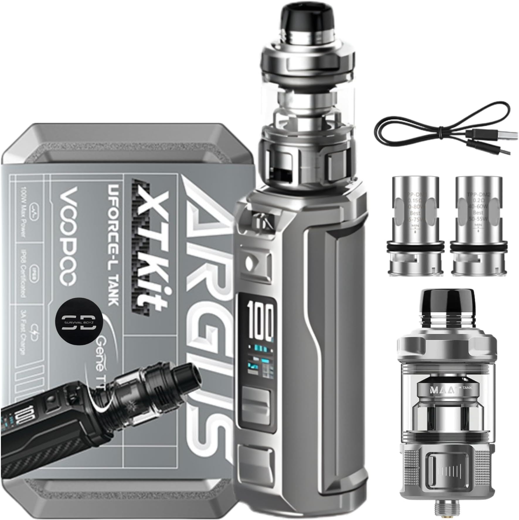 Voopoo Argus XT Vape Kit [Silver Grey] - Available in 5 colours - 3A Fast Charge, 18650/21700 Battery (SOLD SEPARATELY), 100W - Compatible with MAAT Tanks & TPP Coils - No Nicotine