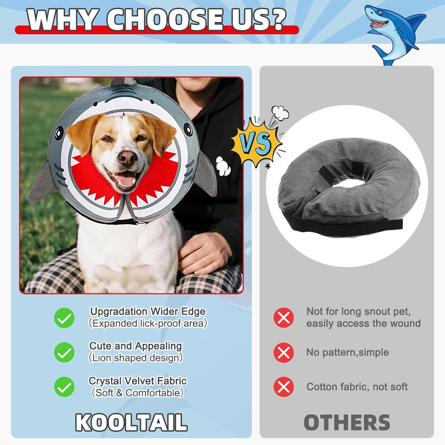 KOOLTAIL Inflatable Dog Cone Collar, Soft Donut E Collar for Dogs After Surgery to Stop Licking Enhanced Alternative, Blow Up Pet Neck Pillow Recovery Adjustable Cone for Dog Cat, Upgrade Size,Shark L