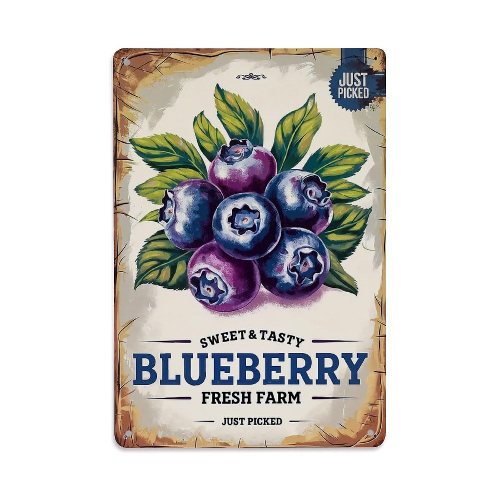 Blueberry Fresh Farm Just Picked Sweet Tasty Retro Metal Tin Sign, Vintage Decor Art Poster for Bar, Home, Man Cave, Kitchen, Laundry Room Gift 8x12Inch