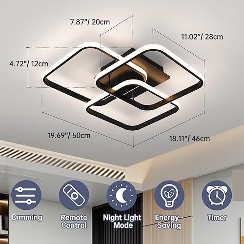 Miniatura 6 de Lámpara de techo moderna, lámpara de techo LED negra regulable con control remoto, lámpara de techo cuadrada de montaje empotrado para sala de