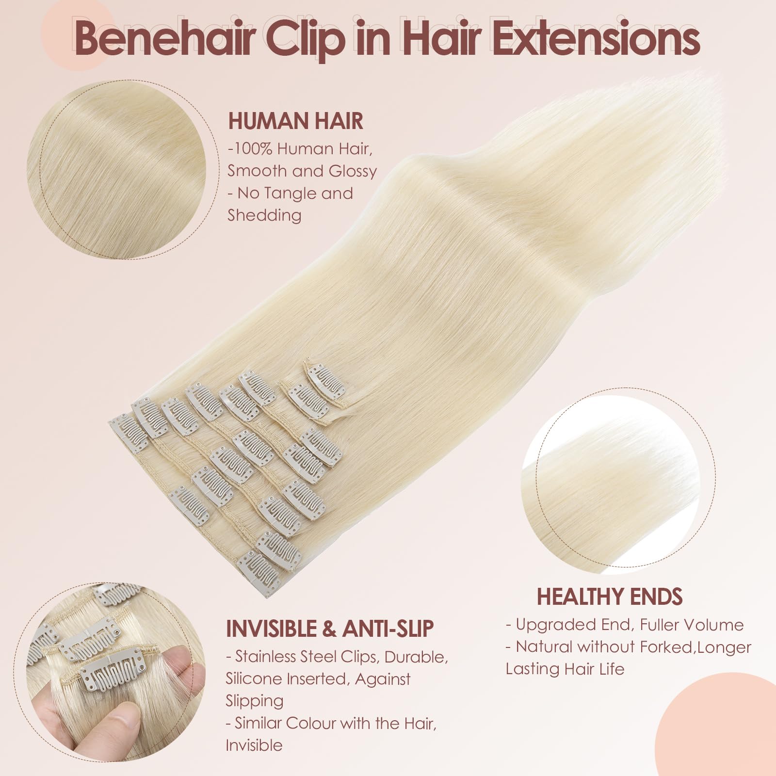 Benehair Human Hair Clip in Extensions #60 Platinum Blonde Real Remy Hair Extensions Clip in Long Double Weft Straight Hairpieces for Full Head Seamless 8 Pcs Set including 18 Clips 22 Inch (75 g) - Image 4