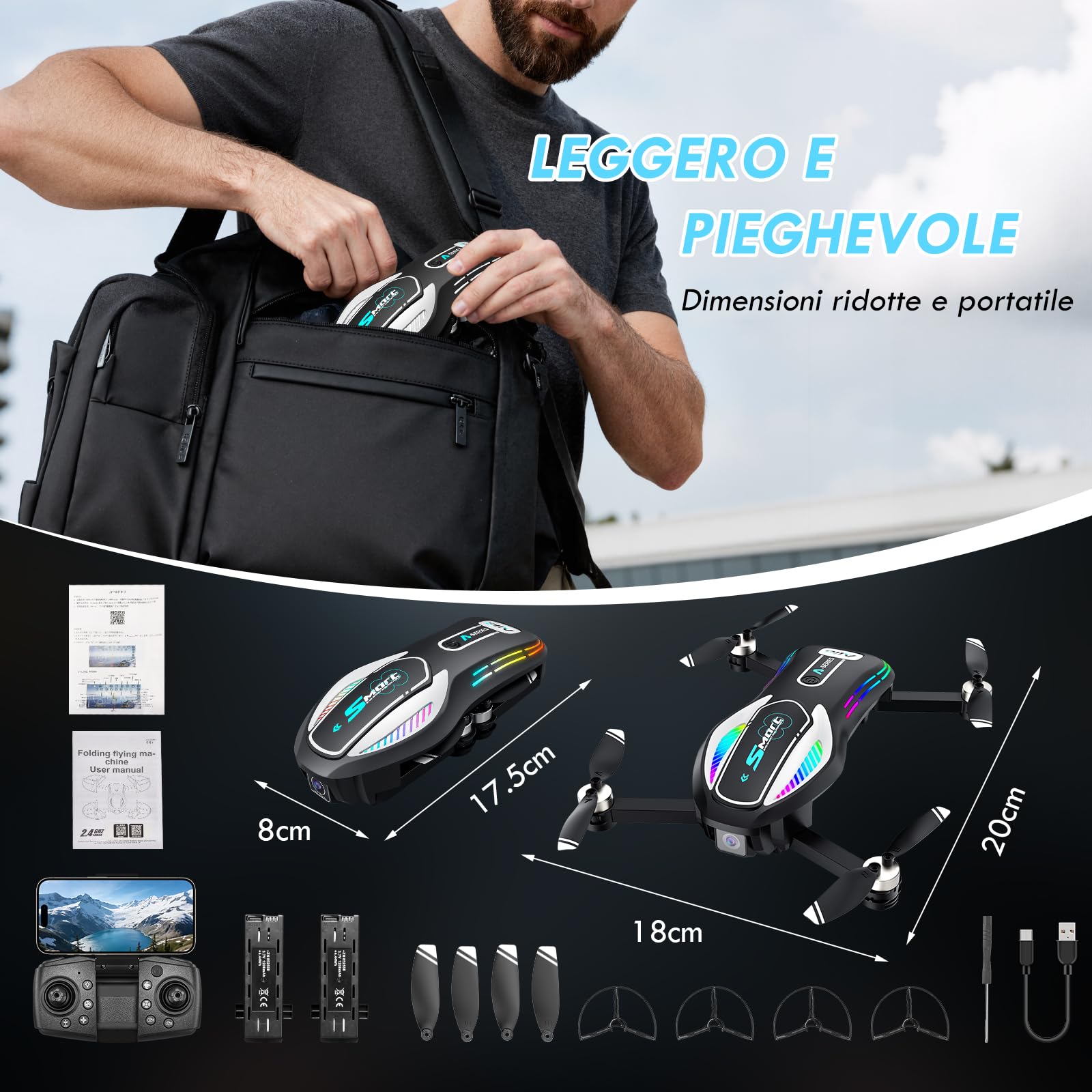 Drone pieghevole con fotocamera 1080P, flusso ottico e 2 batterie