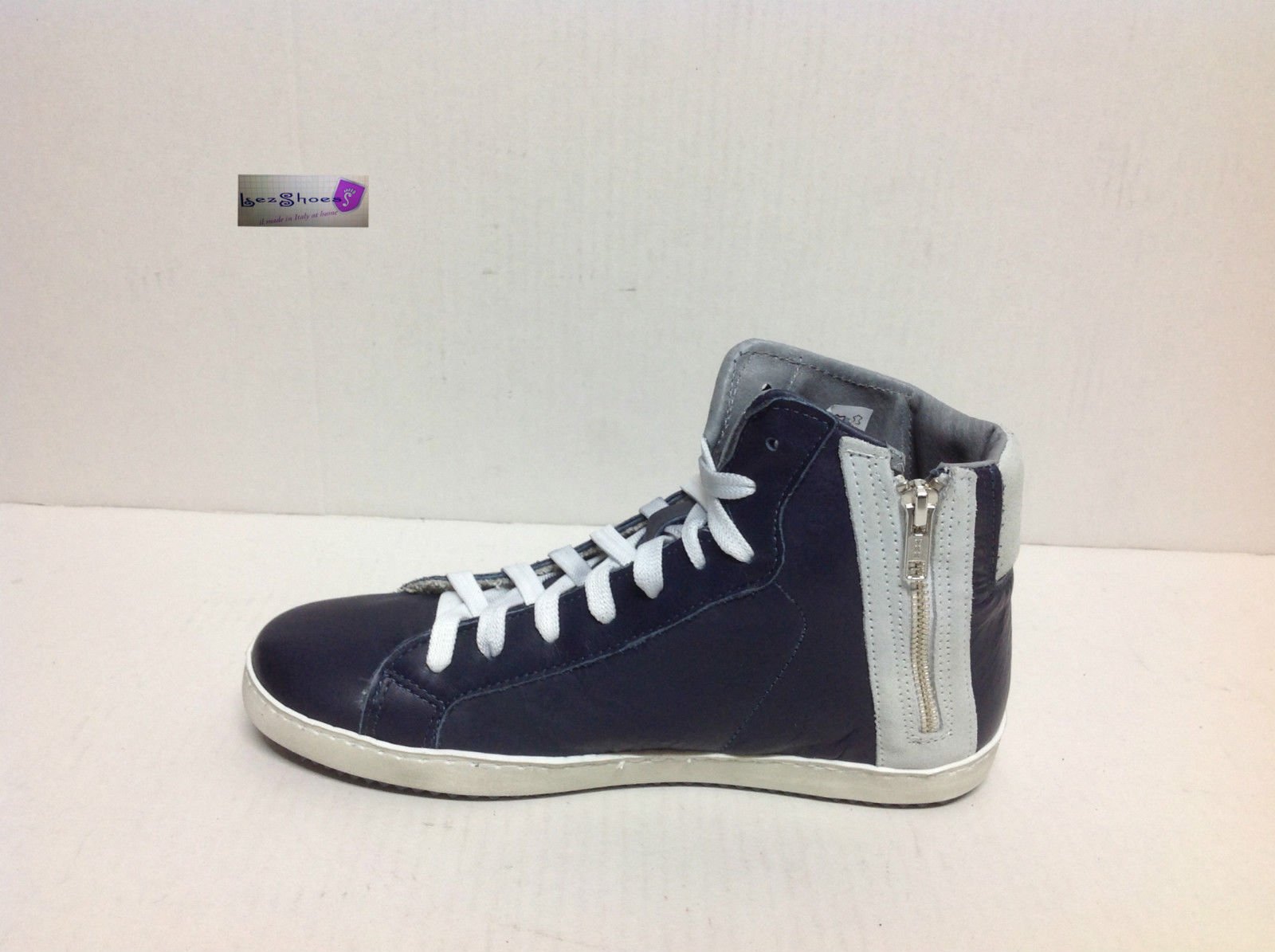 VIA CONDOTTI Scarpe Sneakers Alte Uomo Pelle Blu Ghiaccio Made in Italy Bicolor