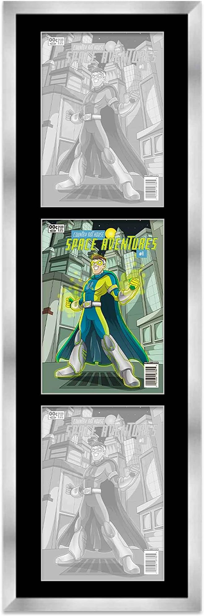 - Comic Book Frame Silver Matted | For Comics Published Between 1971 and 1985 (Golden Age Comic Solid Wood Frame) | Made to Showcase 3 Comics Under UV Acrylic with Acid Free Black Matting | Vertical