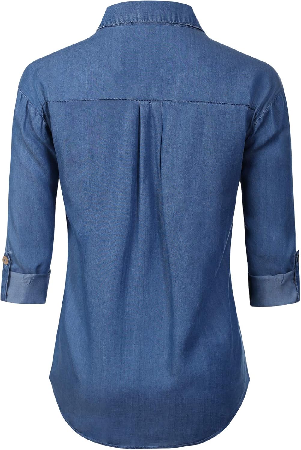 MixMatchy Women's Casual Basic Roll Up Sleeve Denim Chambray V-Neck Tencel Button Down Shirt - Image 4