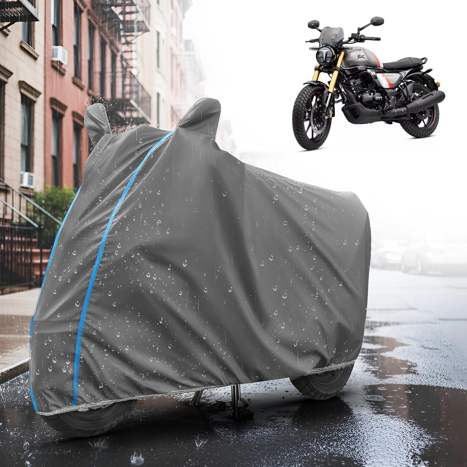 AUTOMOZEXO® TVS Ronin All Models 100% Waterproof Cover, Mirror Pocket Full Bottom Elastic Triple Stitch Heavy Duty Two Wheeler Cover Protect→ Rain, UV ray,dust,Tree Gum,Bird ding Easy wash-Grey-image-4