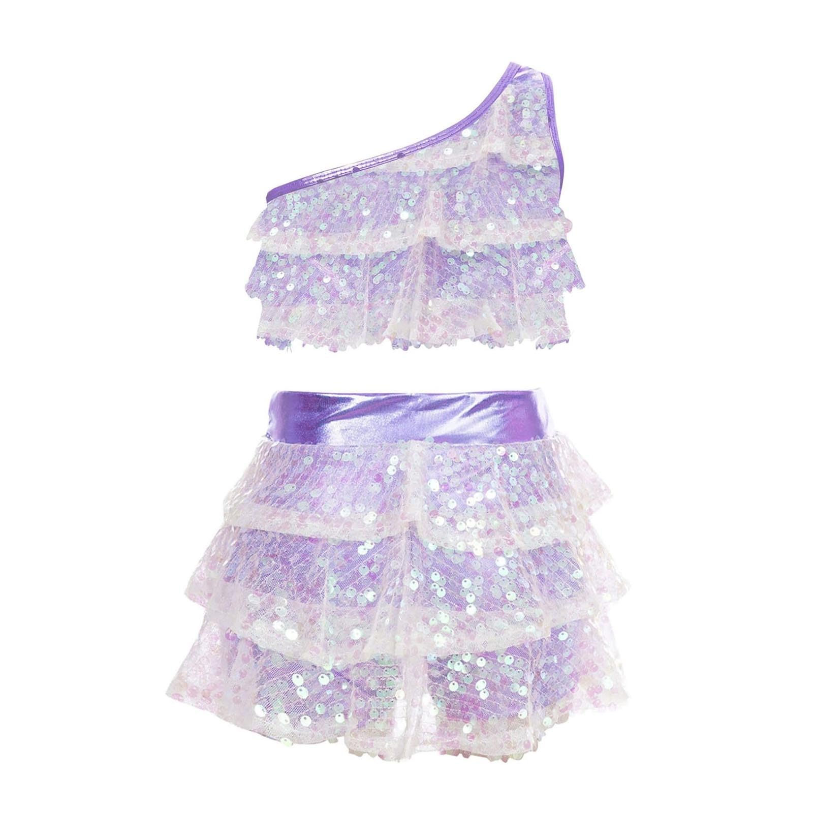 Traje de baile de lentejuelas de dos piezas para niñas, elástico, ajuste cómodo, falda y top para fiesta de baile