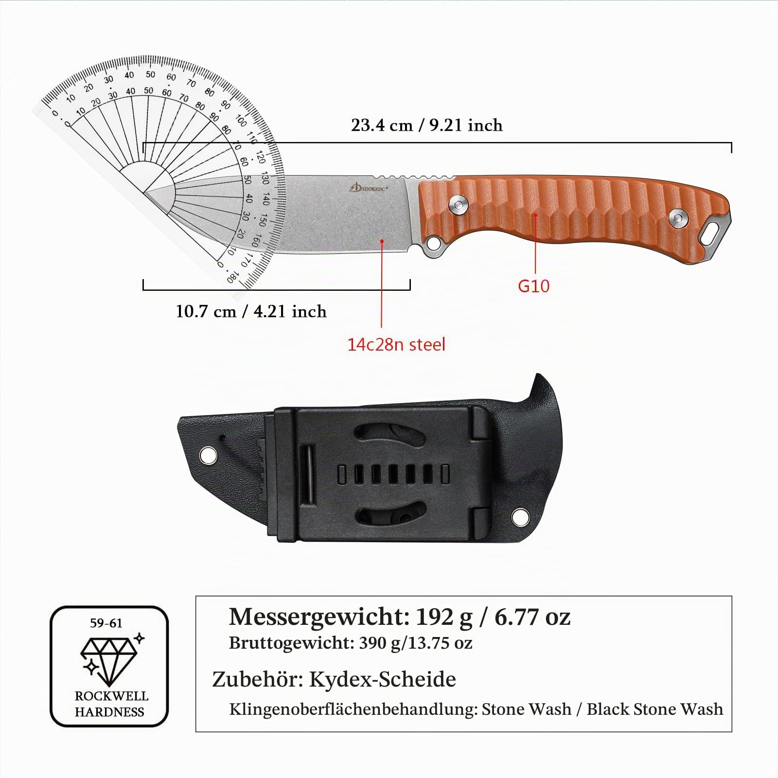Feststehende Outdoor Messer, Jagdmesser aus G10 Griff 14C28N Stahl Klinge für Männer EDC Outdoor Camping Survival (Weiß+Braun)