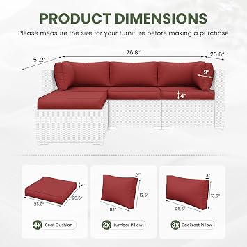 UDPATIO Outdoor Cushions for Patio Furniture with 5 Pillows, Waterproof Patio Furniture Cushions Replacement, 4 Deep Seat Outdoor Sectional Cushion for 4-seat Sofa Couch(Red)