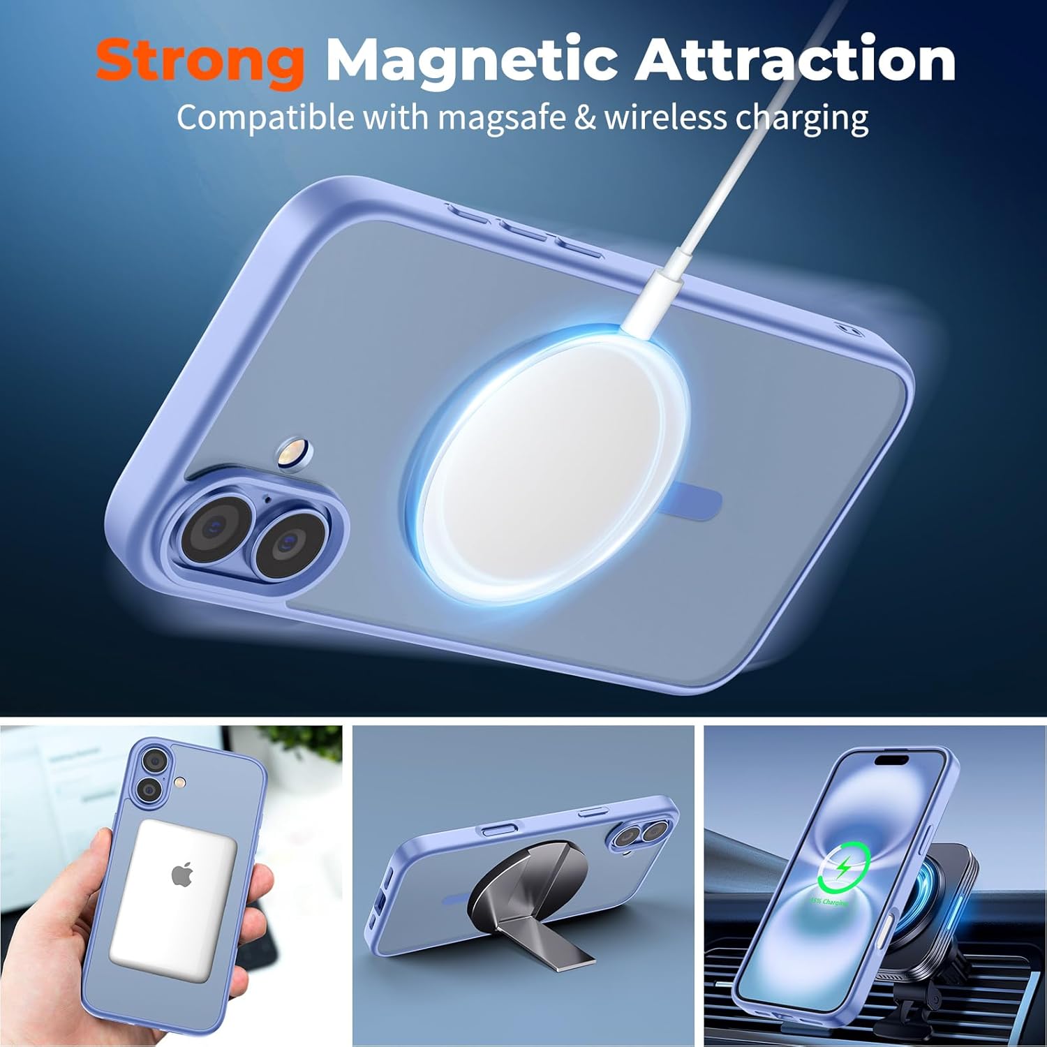 Magnetic for iPhone 16 Case, [Compatible with MagSafe] [with 1 Tempered Glass Screen Protector] Translucent Matte Shockproof Anti-Scratch Protective Phone Cover, Blue Purple - Image 3