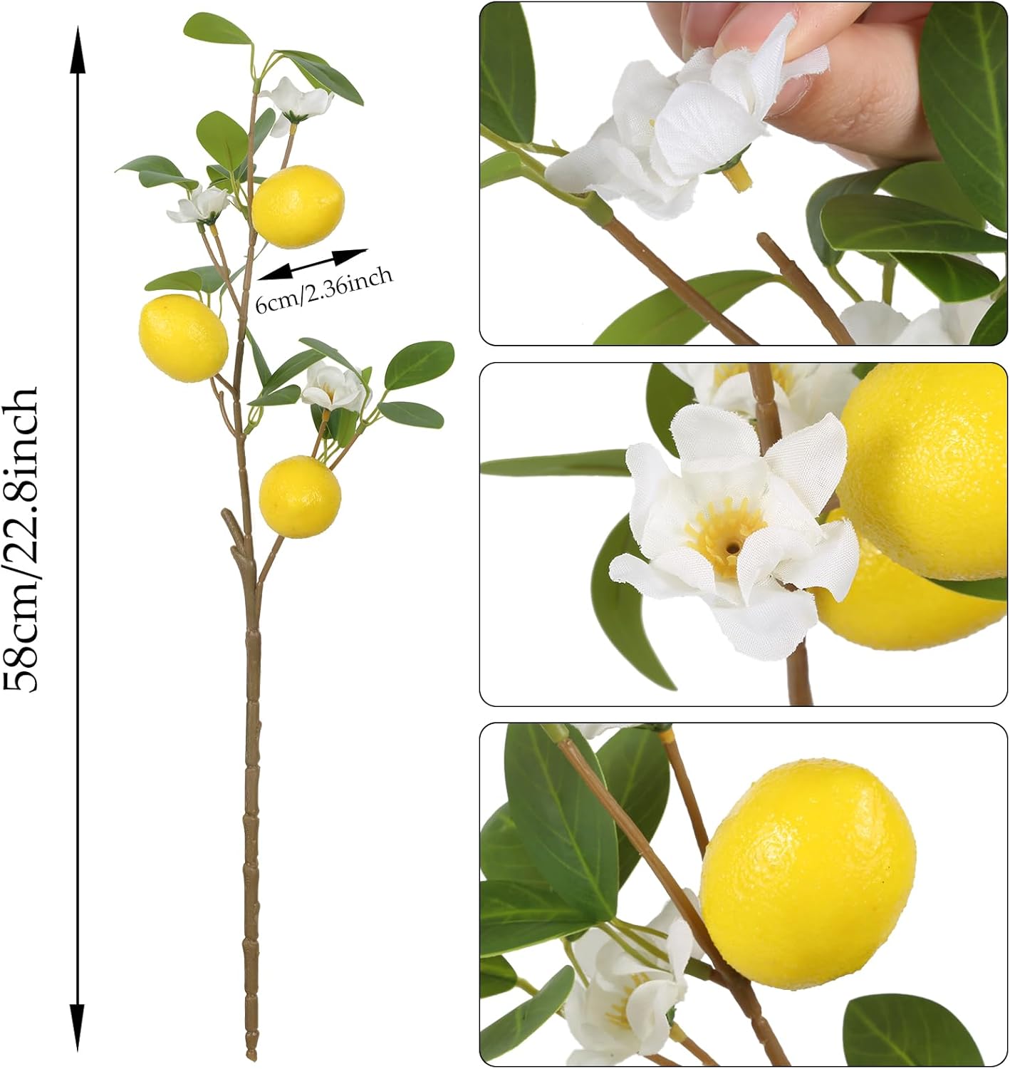 5 Pcs Artificial Lemon Branches 24" Lifelike Faux Lemon Long Stems with Fruit Fake Lemon Flower Arrangement Decor for Home Kitchen Dining Table Centerpiece Party Farmhouse Decoration(Yellow