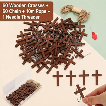 Mr. Pen- Wooden Pocket Cross Charms, 60 pcs, 10 m Rope & Threader