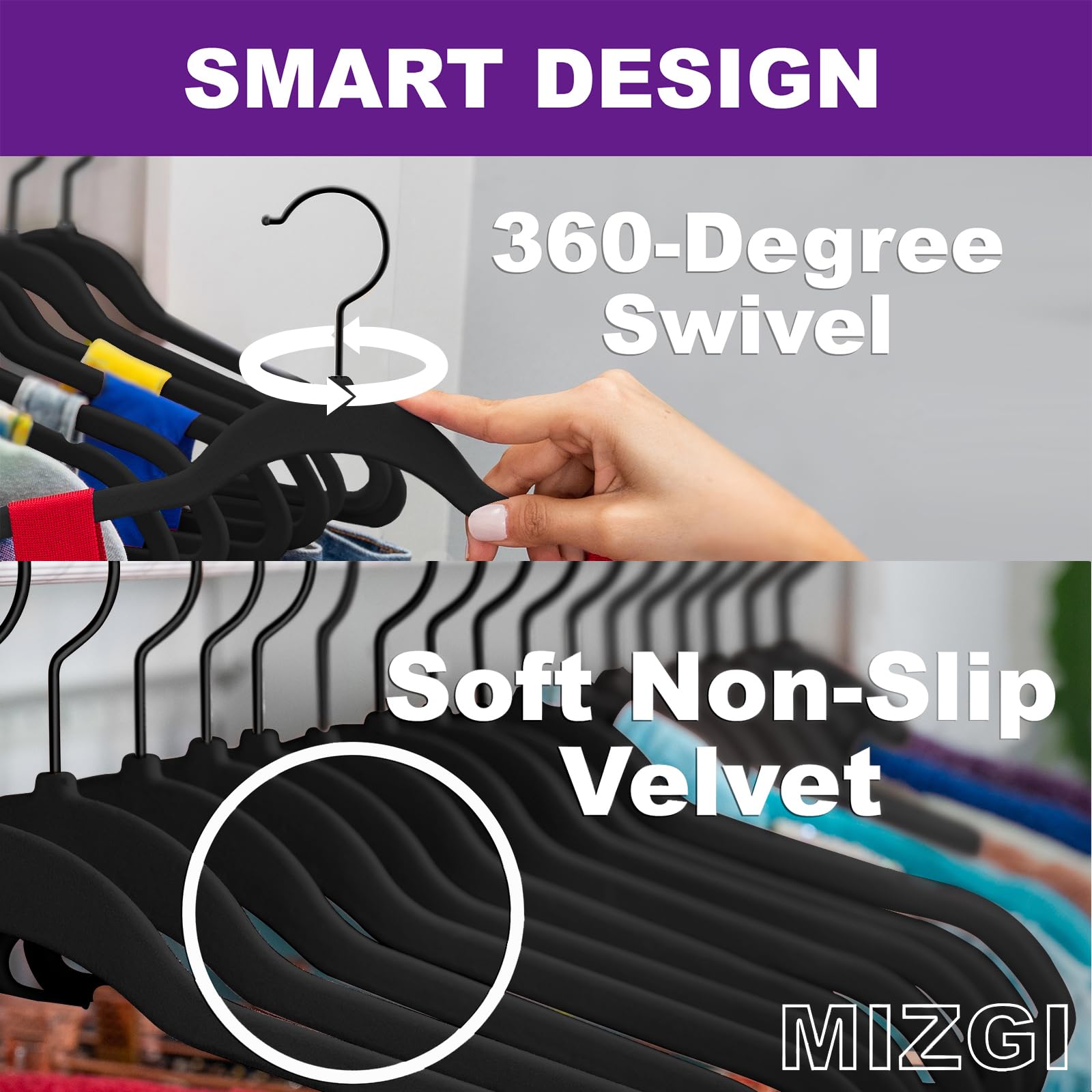 MIZGI Paquete de 60 perchas de terciopelo negro, perchas de fieltro antideslizantes de primera calidad, perchas negras resistentes, perchas duraderas para ahorrar espacio, sin marcas de perchas