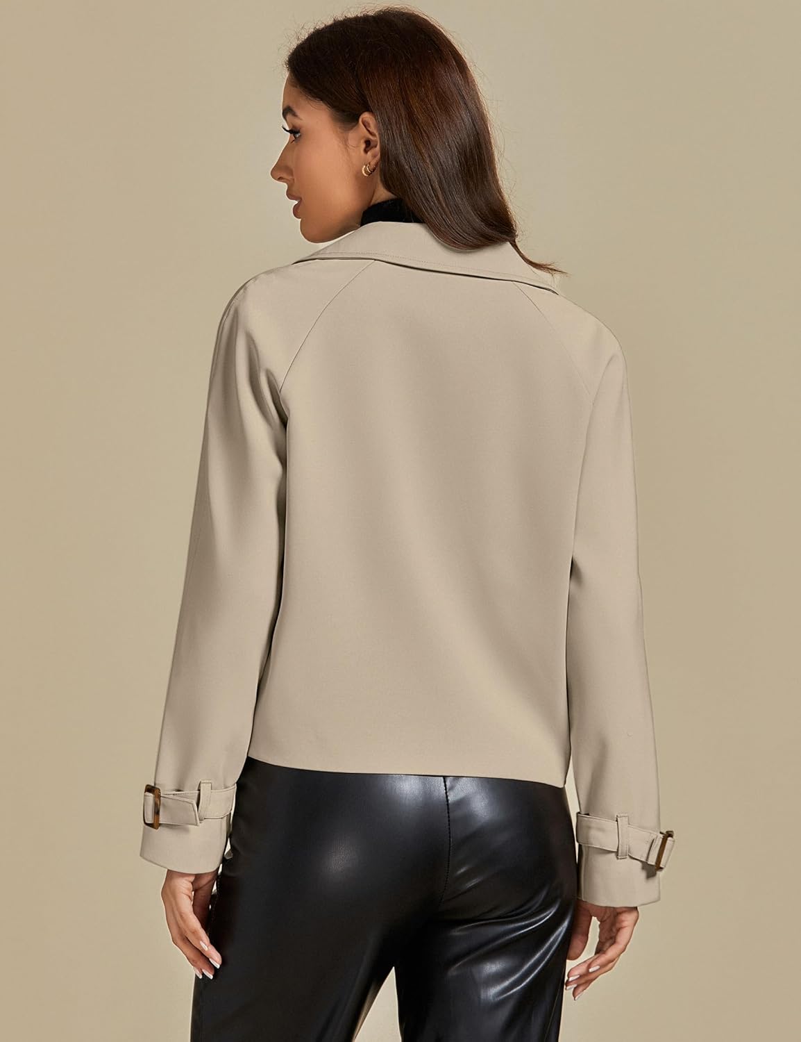 luvamia Cropped Trench Coat for Women Long Sleeve Double Breasted Notched Lapel Casual Loose Fit Jackets with Pockets - Image 2