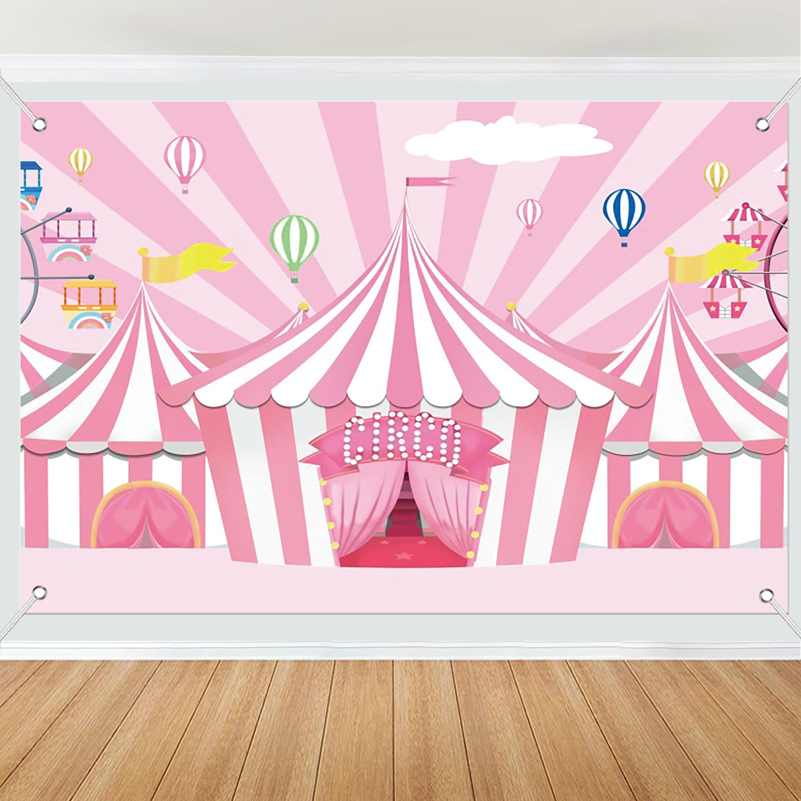 Fabric 7x5ft Pink Circus Backdrop Pink Stripes Tents Ferris Wheel Hot Air Balloons Photography Background Carnival Carousel Theme Sweet Girl Birthday