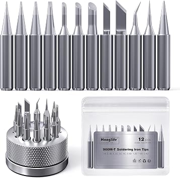 HANGLIFE 900M Soldering Iron Tips with Tip Holder for Hakko, Yihua, Atten, Quick, Ryobi, and More Soldering Stations/Guns - Replacement Solder Tips for Welding Equipment & Accessories 12 pcs