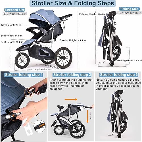 Miniatura 7 de Cynebaby Cochecito plegable todo terreno para correr y correr para niños pequeños con manillar ajustable y reposapiés (azul lago)