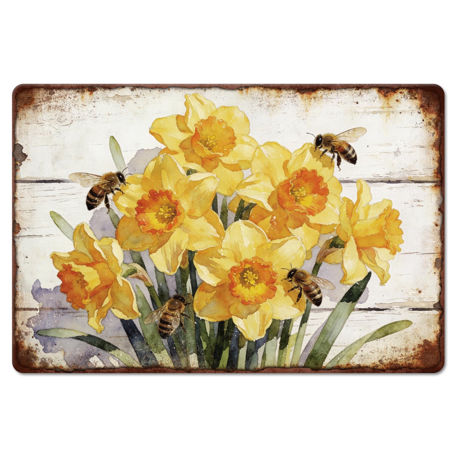 GLOBLELAND Vintage Daffodils Bee Metal Tin Sign 12x8 inch Bees Tin Signs Spring Floral Metal Wall Poster Plaque for Home Garden Patio Sunroom Florist Cafe Decor