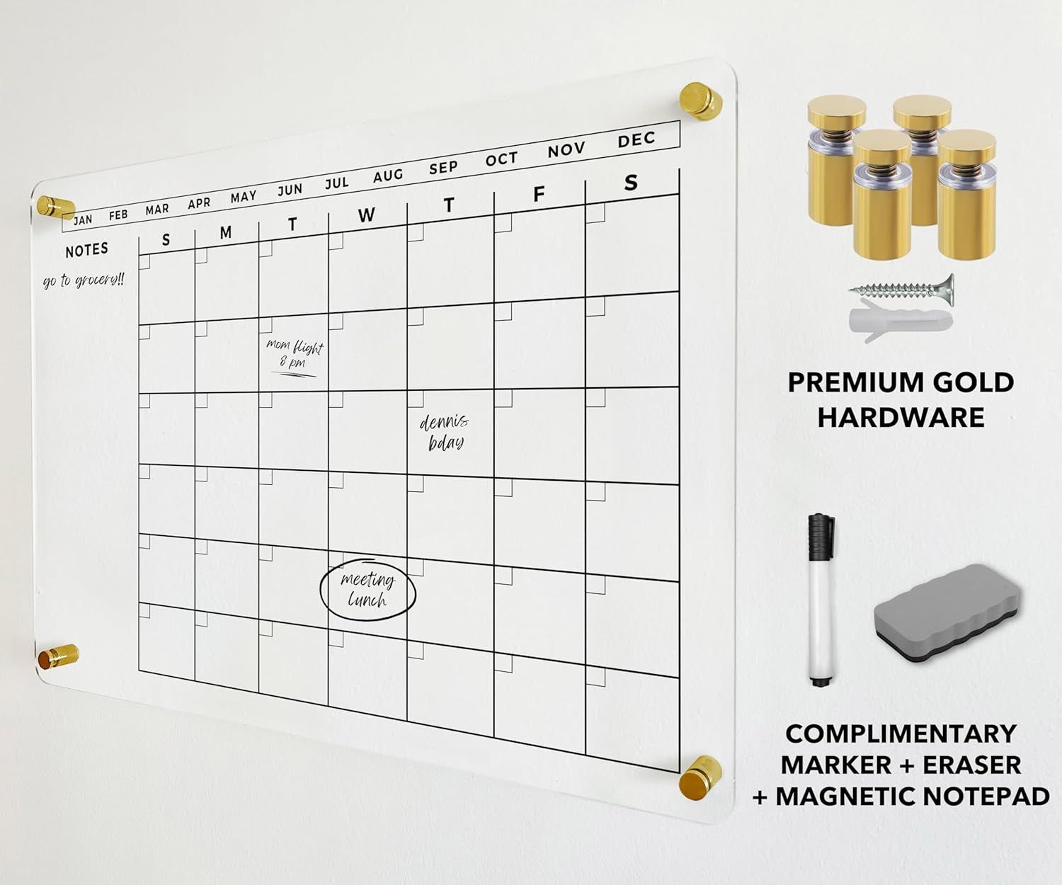 Large Acrylic Calendar with Gold Hardware - Dry Erase Monthly Acrylic Planner - Calendar 2026 Family Dry Erase Wall Calendar (36x24" (Large))