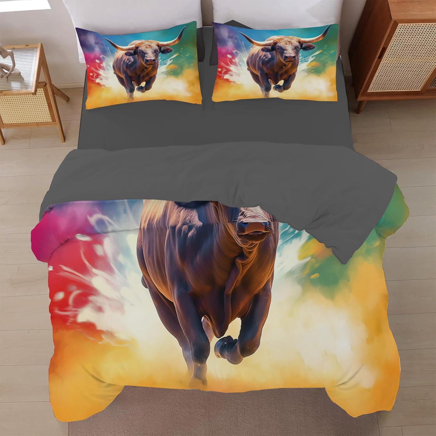 Cartoon Bedding Set Color Animal Taurus Pattern Duvet Cover for Women Girls Cute Lightweight 3 Pieces Duvet Cover Sets with 2 Pillowcases,Taurus Pattern, Reversible Bedding Set Twin Size