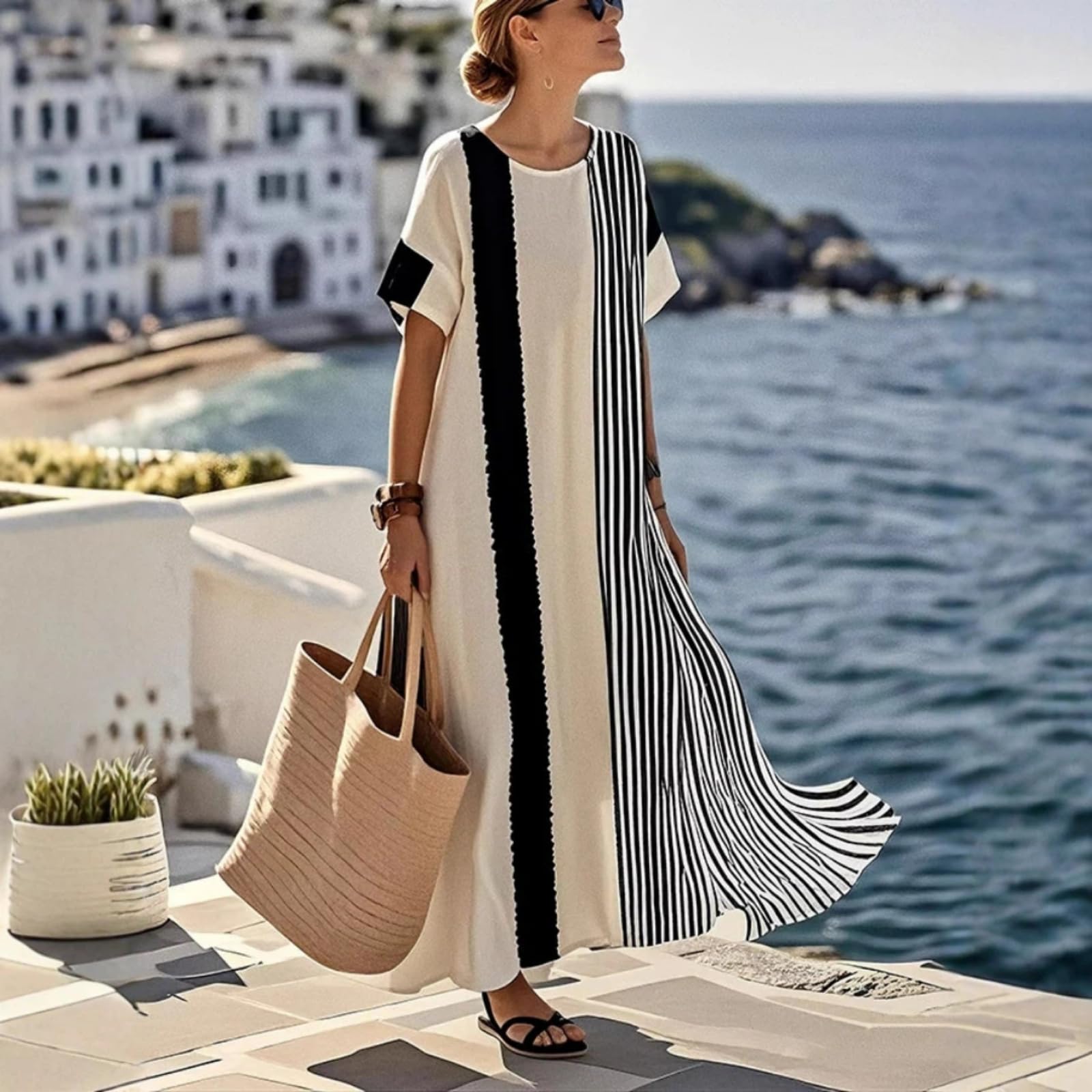 Vestido Suelto de Bloques de Color para Mujeres en la Playa vacacional