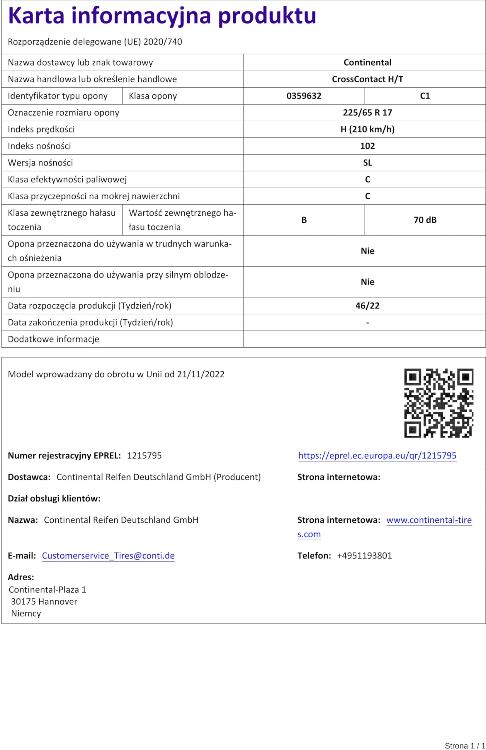 CONTINENTAL - CrossContact H/T - 225/65 R 17-102H/C/C/70dB - Pneumatico per tutte le stagioni