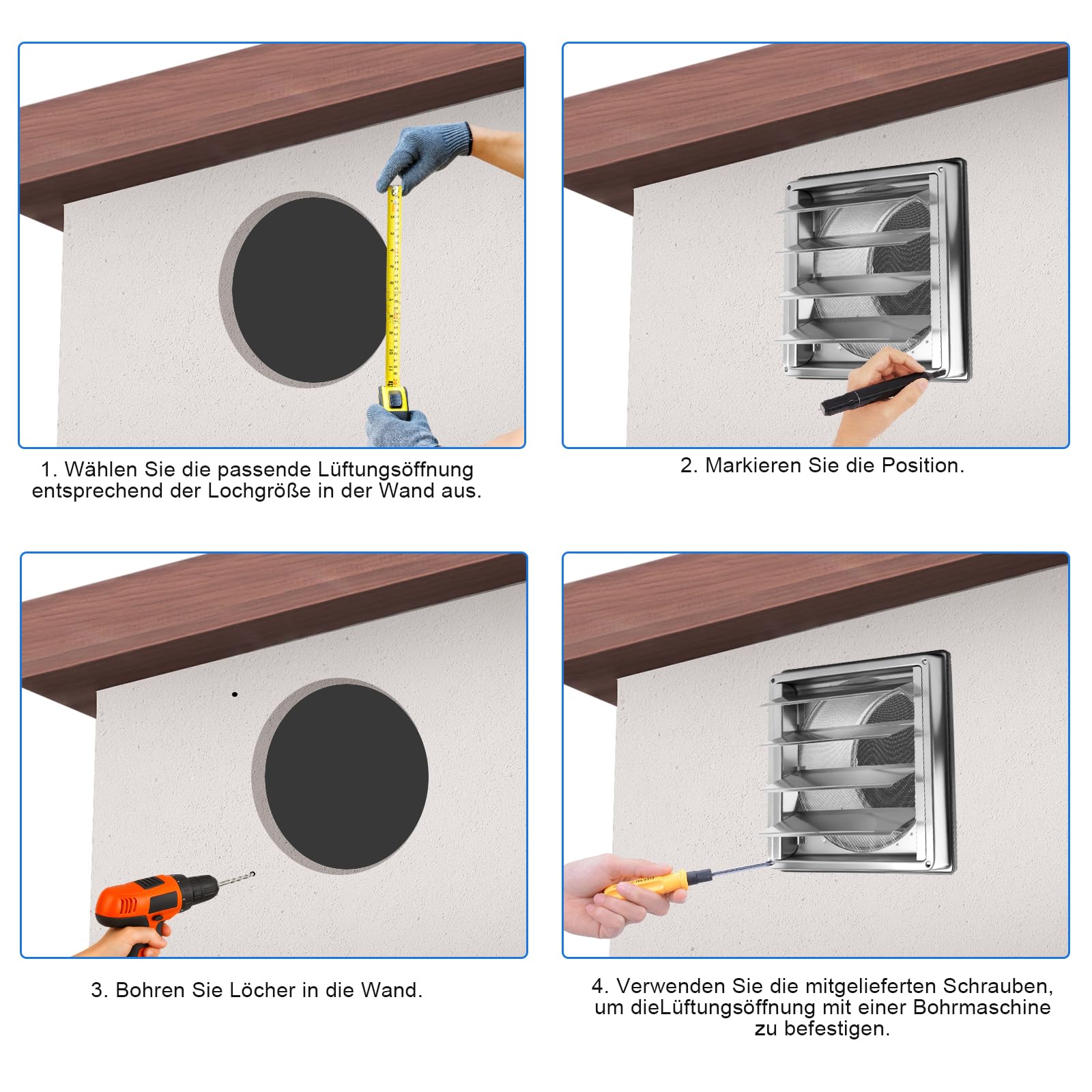 Edelstahl Lüftungsgitter 304, 150mm Rechteckig Bewegliche Lüftungsklappe, Außen Lüftungskappe mit Insektenschutz & Wetterschutz, Abluftgitter für Wand/Badezimmer/Garage/Wohnmobile/Kamin, Lüftungsrohr