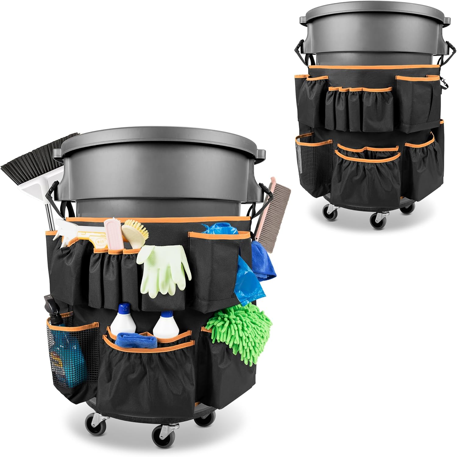 Trash Can Caddy Bag Fit 32-55 Gallon Garbage Bin, Cleaning Caddy Bag with Adjustable Buckle for Industrial Trash Can, 13 Pockets Cleaning Tool Organizer for Cleaning Supplies, Orange Edge