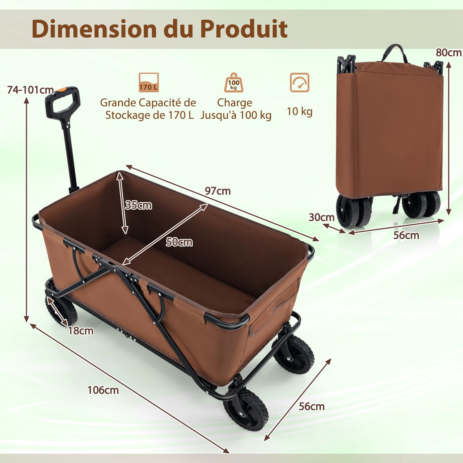 GYMAX Chariot de Plage Pliable à roulettes, avec Guidon Réglable, Porte-Bouteilles et Poche de Rangement, Chariot Utilitaire Pliable d'Extérieur, pour Camping-Jardin-Plage (Brun)