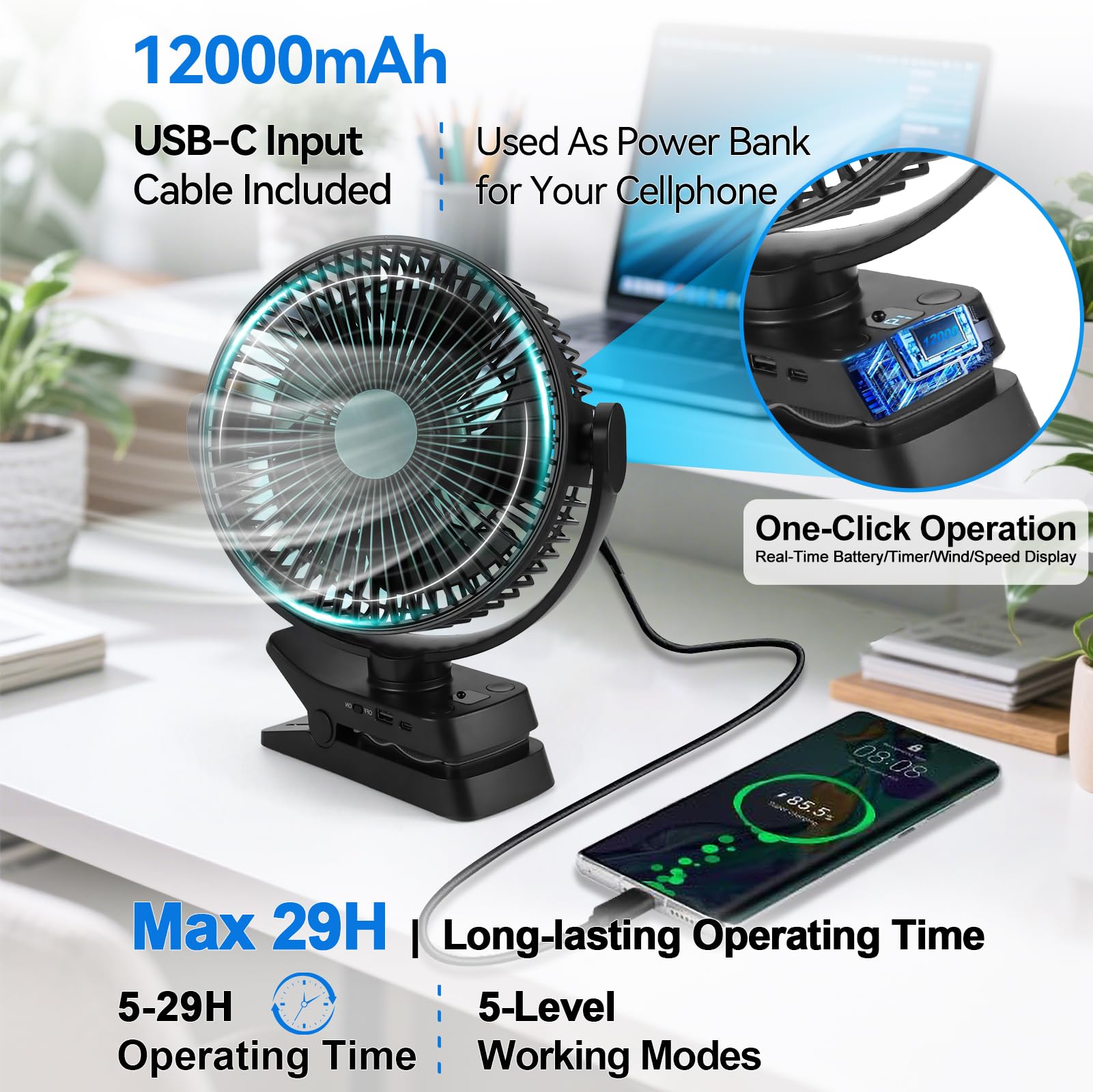 Ventilatore Portatile con Clip, 12000mAh Mini Ventilatore USB | Ventilatore Portatile Silenzioso a 5 Velocità con Telecomando, Timer e Luci LED, Ventilatore da Tavolo con Rotazione di 360°