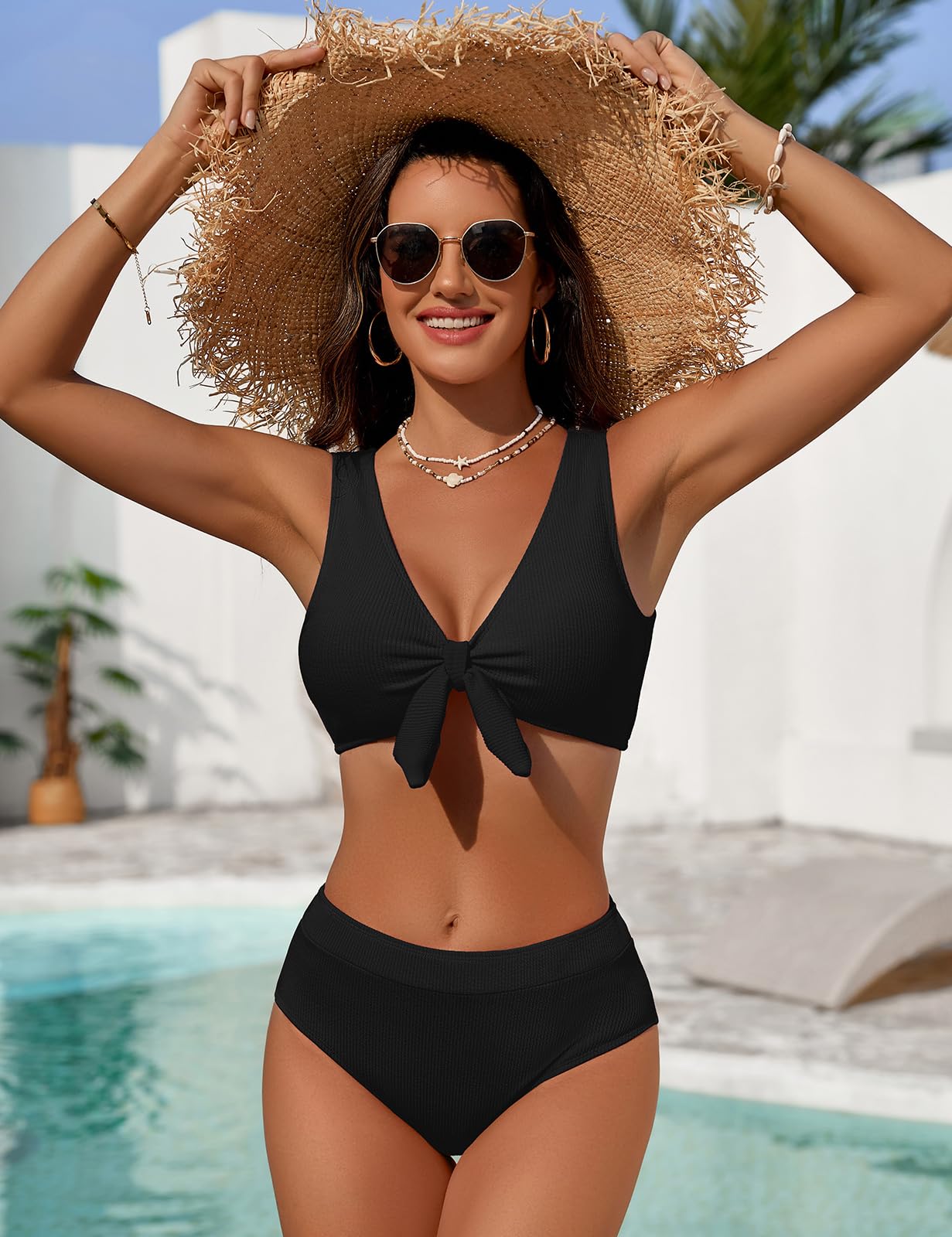 Costume Donna Due Pezzi Vita Alta Sexy Scollo a V Bikini Design con Lacci,Curvy Tonificare l'addome Costumi Piscina Spiaggia Tessuto con Trama