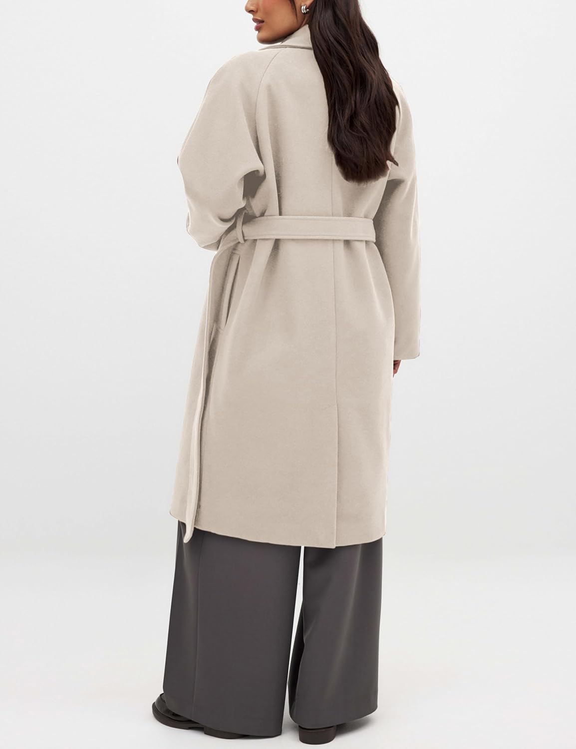 Majdan Women's Notch Lapel Wool Blend Coat Mid Long Winter Overcoat Oversized Peacoat Belted Long Jacket - Image 3