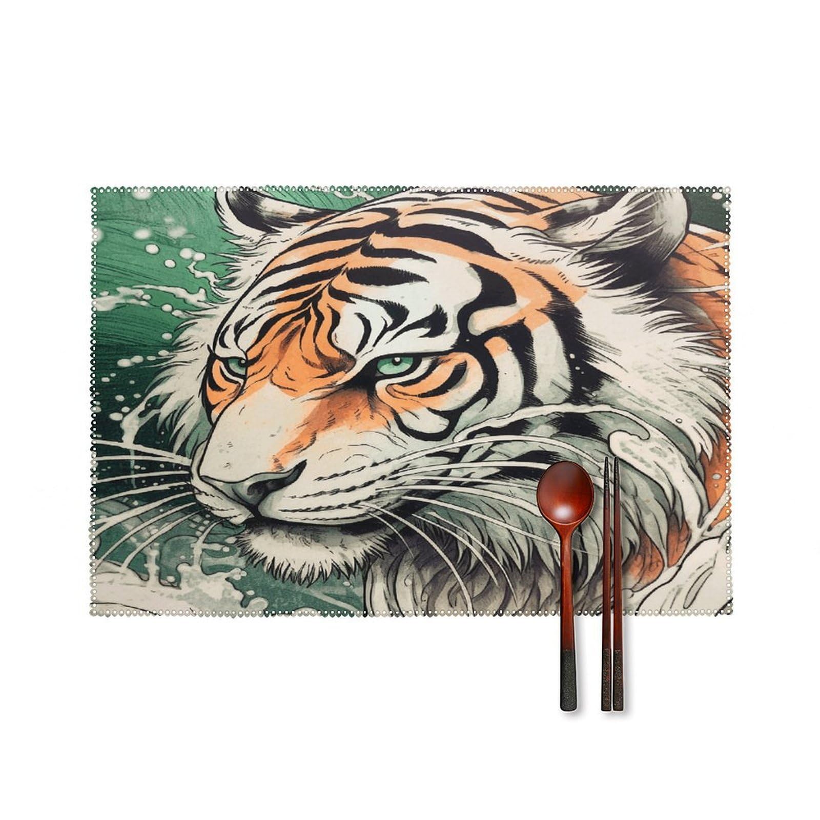 Btcowzrv Style A Hand Drawn Tiger Canvas Placemats Set Of 6, Wipeable Washable Place Mats For Indoor & Outdoor, Table Mat Decor For Kitchen Dining Party