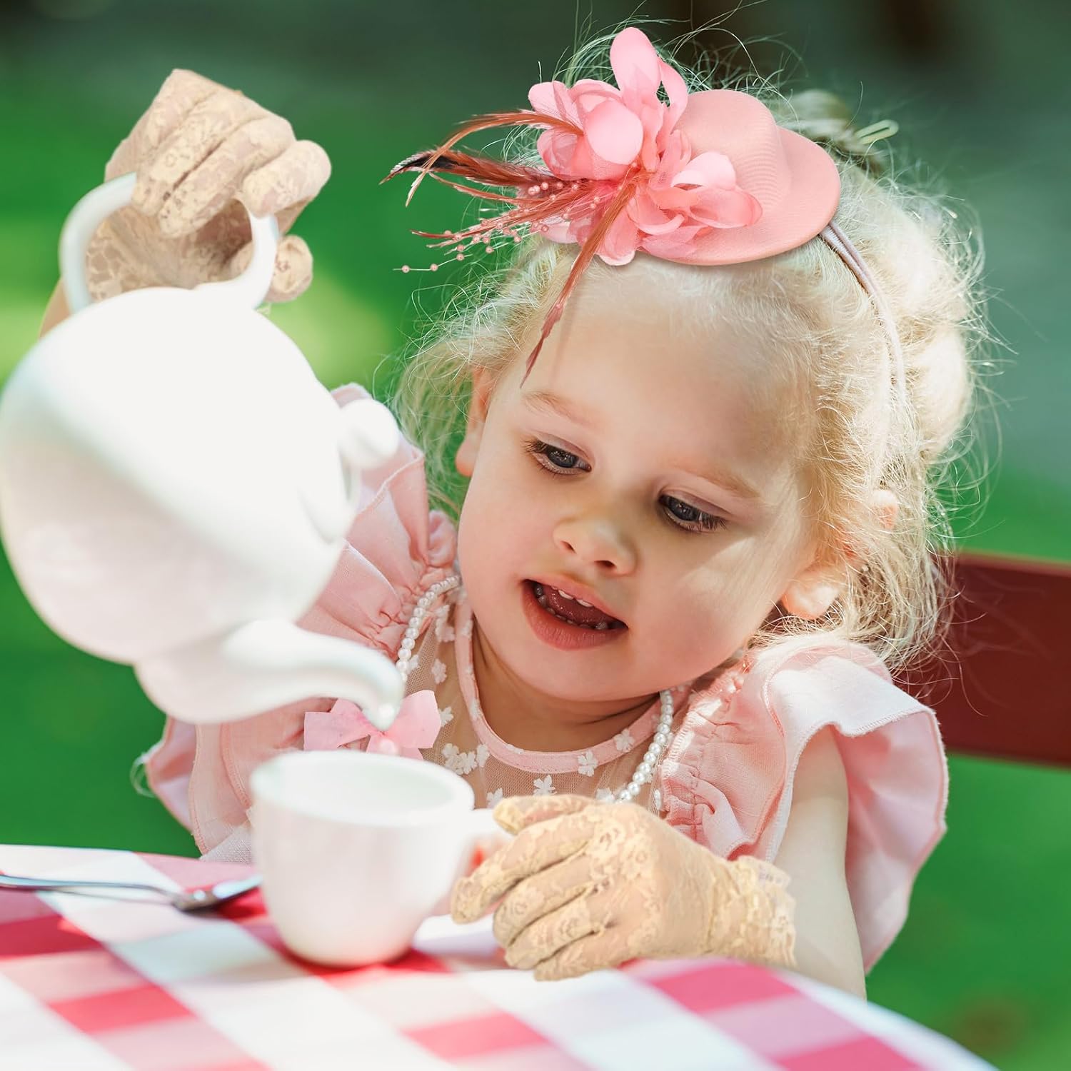 Sintege 4 Pcs Girls Tea Party Set Girls Tea Party Accessories Gloves Hats Necklace Fans for Toddler - Image 4
