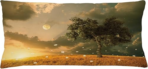 Lunarable Fantasy Throw Pillow Cushion Cover, Unreal View with Land Flying Flowers Tree Moon Dark Clouds and Setting Sun, Decorative Rectangle